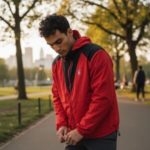 Spyder Alpine Windbreaker Jacket Mens XL Red Black Lightweight Hooded Full Zip